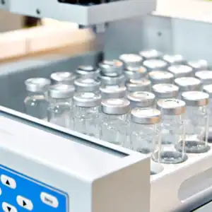 Automated PCR testing equipment with vials of samples prepared for PFAS analysis in a molecular laboratory