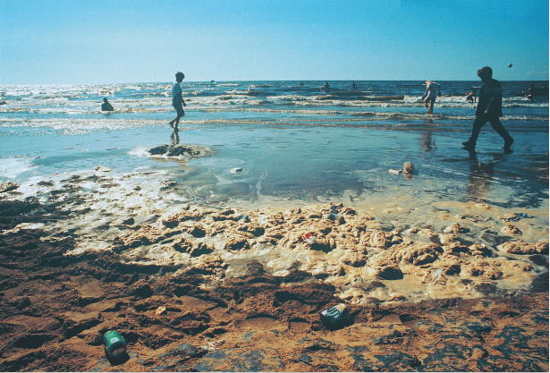 Beach shoreline with people walking through sewage contaminated ocean, tide pools, and sunny weather.