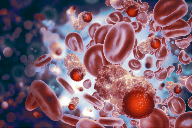 Cancer cells, Blood cells and immune components in a detailed microscopic view.
