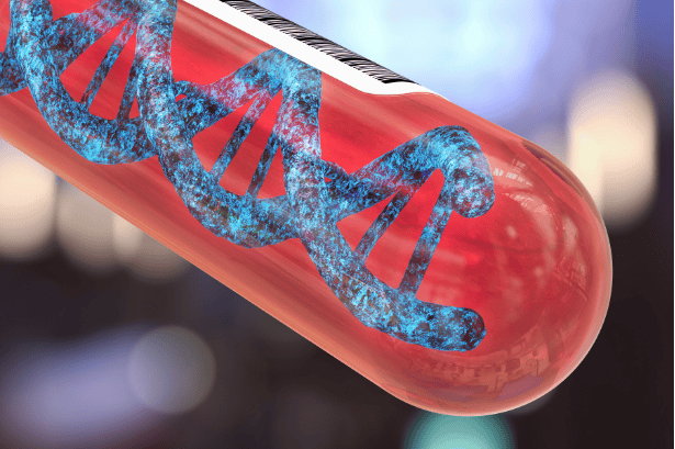 Artistic Close-up of gene editing DNA strand inside a test tube for biotech research.